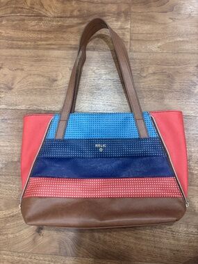 NWOT Relic Patchwork Tote Bag Blue Red Brown Dotted Pattern Shoulder Purse